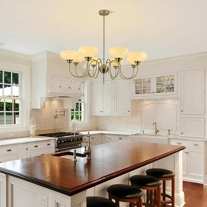 BOKT Large 8-Light Chandelier Modern Sputnik Chandeliers Flush Mount Ceiling Lights Cream Adjustable Height Pendant Lighting Vintage Gold Chandeliers with Light Yellow Glass Classic Ceiling Light