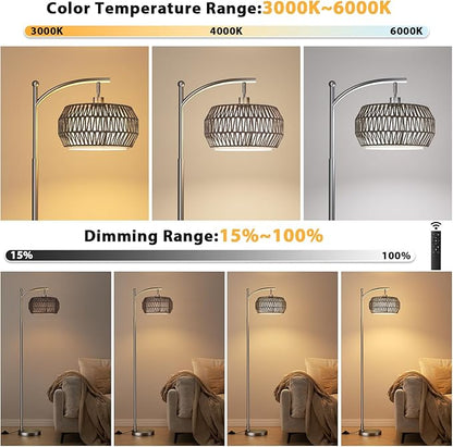 Ambimall Arc Floor Lamp for Living Room with Remote, Color Temperature & Brightness Adjustable, Bohemia Standing Lamp with Rattan & Fabric Double Drum Shades, Bulb Included(Deep Gray)
