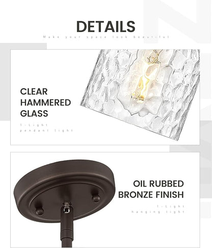 zeyu Bronze Adjustable Pendant Lighting, 2 Pack Hanging Kitchen Lights, 1-Light Farmhouse Glass Pendant Light with Clear Hammered Glass, Oil Rubbed Bronze Finish, ZJF63MIL-2PK ORB