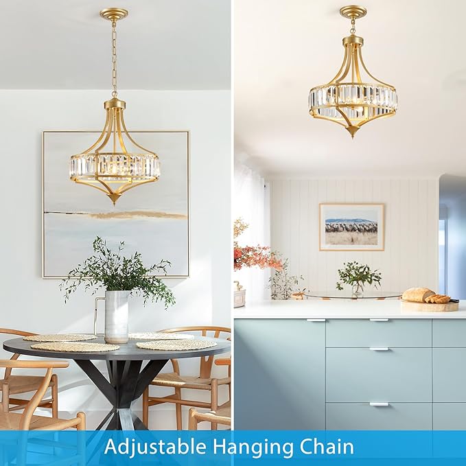 XINGQI 15.7" Modern Dining Room Chandelier Rustic Gold Crystal Lighting Fixture Pendant 4-Light with Round Metal Lampshade for Living Room Kitchen Hallway Bedroom Foyer