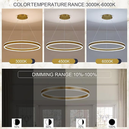 Gold LED Chandelier 23.6" Ring Chandelier for Dining Room Living Room 40W Remote Control Dimmable 1-Ring Ceiling Pendant Lighting Fixtures Office
