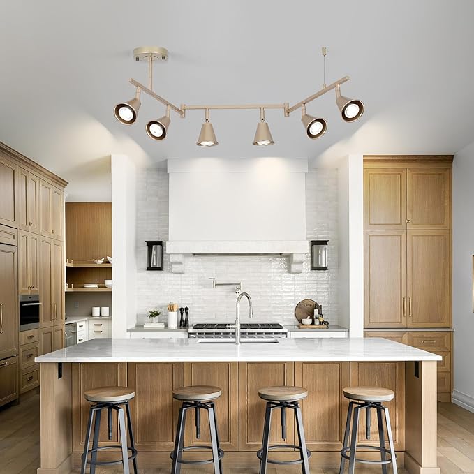 6-Light Modern Track Lighting Fixtures Ceiling, Flexible Foldable Arm and Rotatable Light Head, Champagne Gold Kitchen Track Lighting for Kitchen Islands, Dining Rooms, Bars