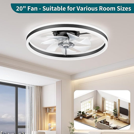 Ceiling Fans with Lights and Remote, 20" Low Profile Ceiling Fan, Dimmable Modern Flush Mount LED Fan Light, 6 Wind Speeds, Black Fandelier Ceiling Fans for Bedroom (Black)