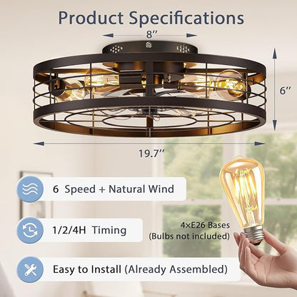 VOLISUN Caged Ceiling Fan with Light and Remote,19.7 inch Fandelier Ceiling Fan with Light Flush Mount, Farmhouse Bladeless Ceiling Fans with Lights for Kitchen,Bedroom