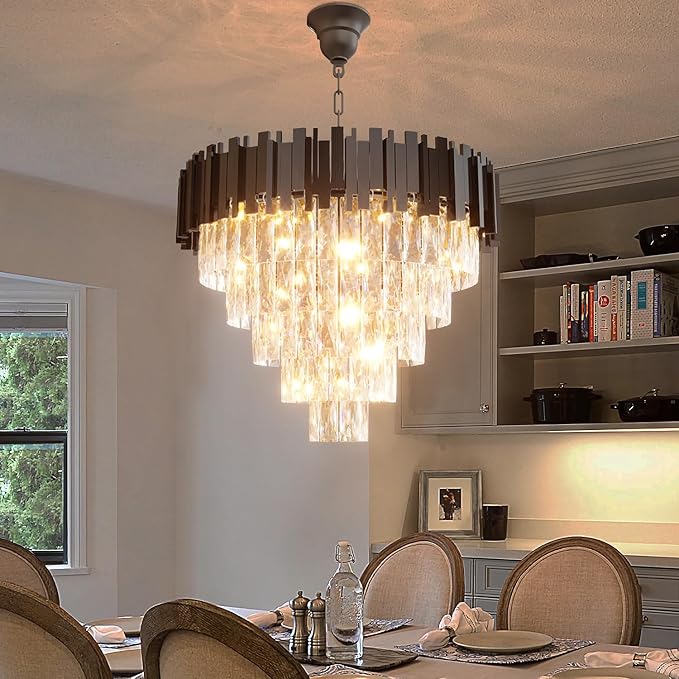 Modern Elegant Crystal Chandelier 24" Round K9 Crystal Ceiling Light Adjustable Black 5-Tier Chandelier with 10 Lights for Dining Room Living Room Foyer