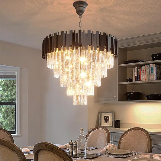 Modern Elegant Crystal Chandelier 24" Round K9 Crystal Ceiling Light Adjustable Black 5-Tier Chandelier with 10 Lights for Dining Room Living Room Foyer