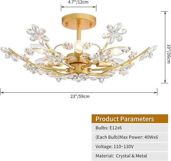 6-Light Large Modern K9 Crystal Chandeliers, Chic Flushmount Close to Ceiling Light Fixture for Bedroom, Dining Room, Kitchen, D23xH10inch, Clear Crystal & Gold Finish Frame