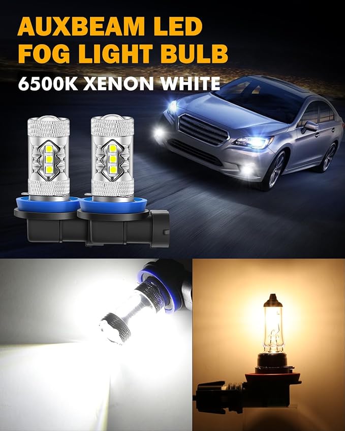 Auxbeam H11 Fog Light Bulbs, 8000LM 6500K Bright White 400% Brightness H8 H9 Fog Lights Replacement,1:1 Size, Plug-N-Play, Pack of 2