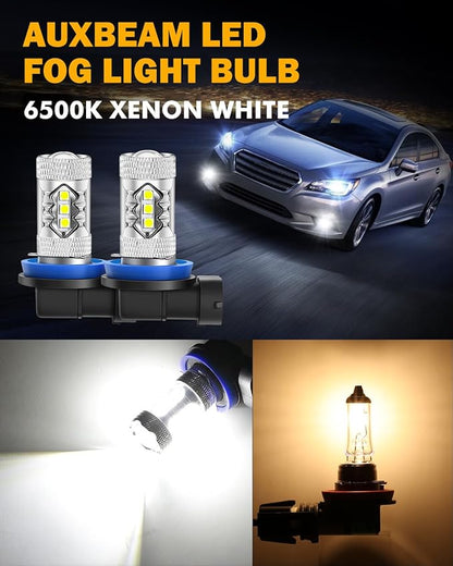 Auxbeam H11 Fog Light Bulbs, 8000LM 6500K Bright White 400% Brightness H8 H9 Fog Lights Replacement,1:1 Size, Plug-N-Play, Pack of 2