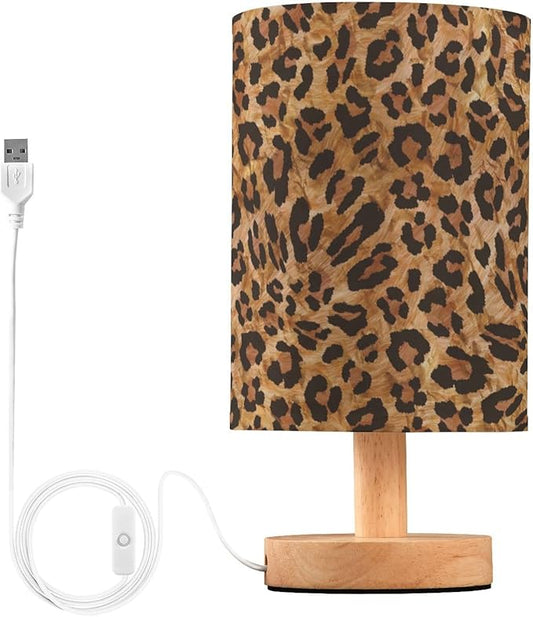 Bedside Table Lamp Leopard Vintage Animal Skin Print Nightstand Lamp with Wood Desk Lamps for Bedroom Living Room Nursery Office Home Decor