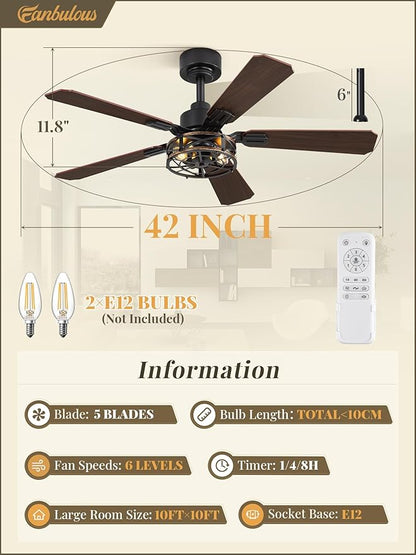 Fanbulous 1 Pack 42 Inch Rustic Caged Ceiling Fan with Lights, Black Farmhouse Ceiling Fans for Bedroom Living Room, Double-Sided 5 Blades Rustic Ceiling Fan