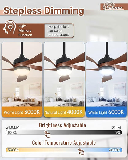 Sofucor 45" Smart Ceiling Fan, Indoor/Outdoor Ceiling Fans with Lights and Remote, Compatible with Alexa/Google/App, 3-Color Light 6-Speed Timing Reversible DC Motor for Bedroom Living Room Patio