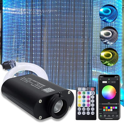 AMKI 16W Bluetooth Fiber Optic Curtain Light Kit, RGBW Waterfall Effect Music Mode App/Remote Control Curtain Lighting for Kids Sensory Room Home Decor with Fiber Cable 0.03in/0.75mm 9.8ft/3m 300pcs