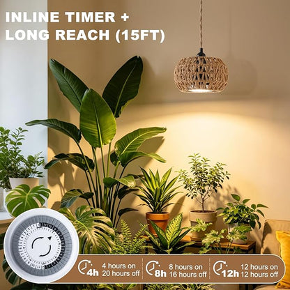 Hanging Grow Light for Indoor Plants, 30W 4000K Full Spectrum LED Pendant with Timer, Hand-Woven Shade, 15FT Cord, Kit for Office Desk, Bookshelf, Cube Decor, Low Light Spaces