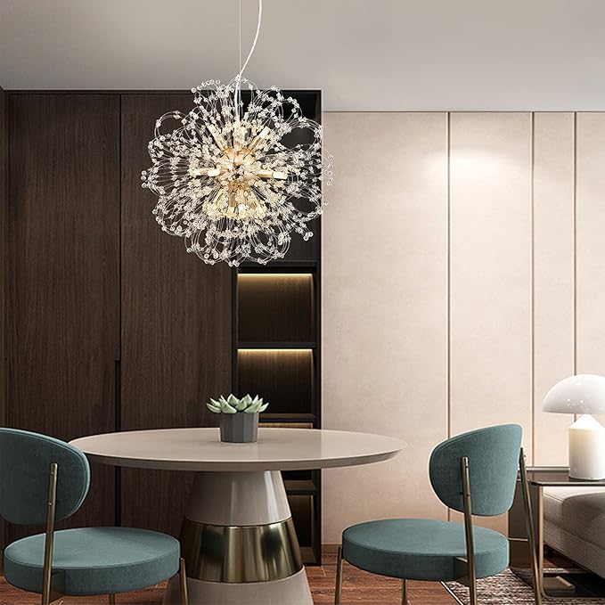 Modern Firework Chandelier, 12-Light Crystal Dandelion Chandeliers for Living Room, Gold Sputnik Chandelier Steel Pendant Lights for Bedroom, Dining Room, Kitchen, Restaurant