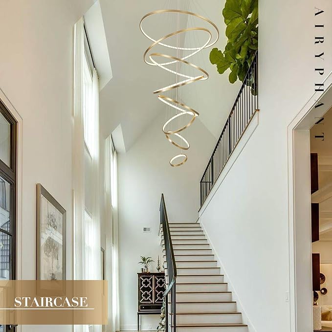 Modern LED Chandeliers 35" Brushed Gold 8-ring Big LED Chandelier for High Ceiling with Remote Control Hanging Height Adjustable Max 98" Long Chandelier for Foyer Living Room Entry Staircase