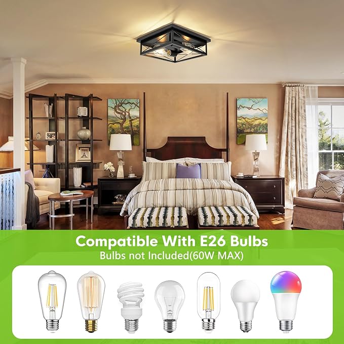 2 Pack Farmhouse Ceiling Light Fixture - 12 Inch Big Industrial Square Modern Black Flush Mount Ceiling Light for Kitchen, Hallway, Bedroom, Balcony, Porch, Stairway, E26 (Black, 12 Inch)