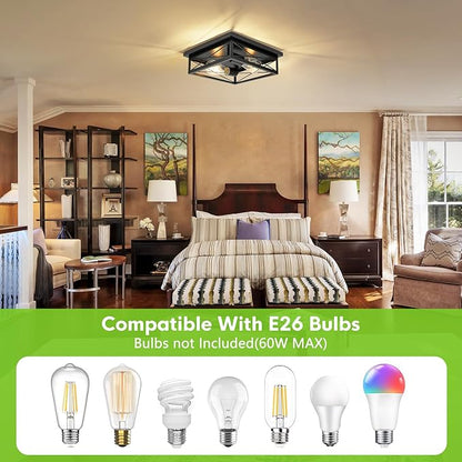 2 Pack Farmhouse Ceiling Light Fixture - Industrial Square Modern Black Flush Mount Ceiling Light for Kitchen, Hallway, Bedroom, Balcony, Porch, Stairway, E26 (Black, 10 Inch)