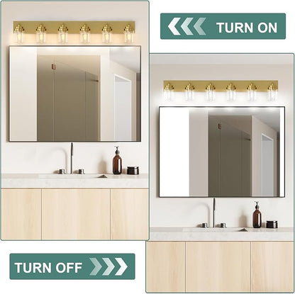 IZORRO Bathroom Vanity Light Fixture, 6-Light 46 Inch Gold Bathroom Light Fixtures Over Mirror, with Clear Glass Shade, Modern Farmhouse Vanity Lights, Rustic Restroom Lighting Fixtures
