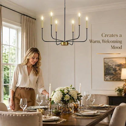 DORESshop 6-Light Black and Gold Farmhouse Chandeliers for Dining Room, Light Fixture Adjustable Height, Industrial Modern Chandeliers for Living Room, Bedroom and Foyer