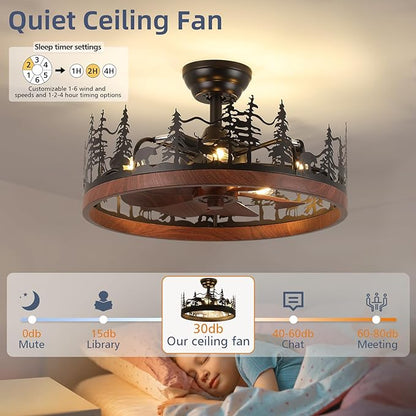 Farmhouse Rustic Ceiling Fan with Light and Remote, 21 Inch Flush Mount Vintage Bladeless Rustic Chandeliers Fan, Rustic Ceiling Fan for Living Room, Bedroom, Hallway, Entryway Lighting