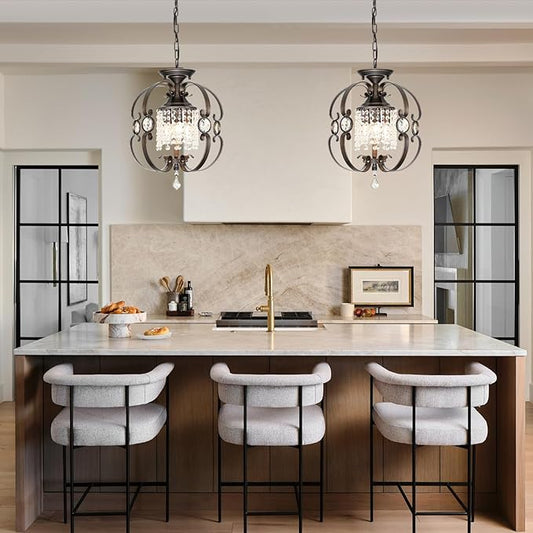 Bronze Crystal Chandeliers for Dining Room, 3-Light 14 Inch Flush Mount Ceiling Light Fixture,Vintage Hanging Pendant Lighting for Kitchen Island,Living Rooms, Foyer