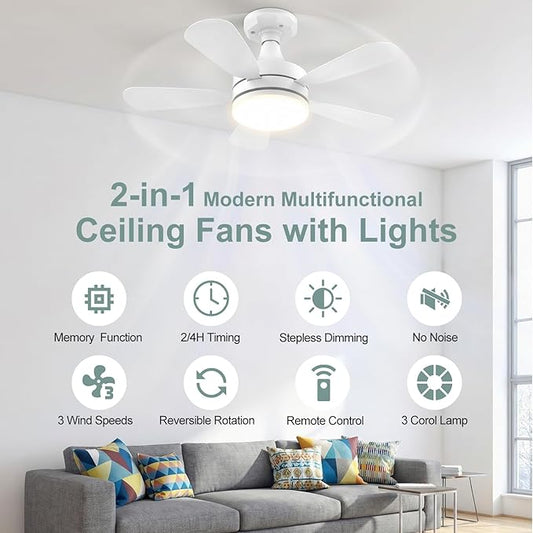 17.7" Socket Fan Light, 3000 Lumens Small Ceiling Fans with Lights and Remote, E26/E27 Light Bulb Fan with Reversible Motor, Dimmable 3000K-6500K Light Socket Fan for Bedroom Kitchen Garage