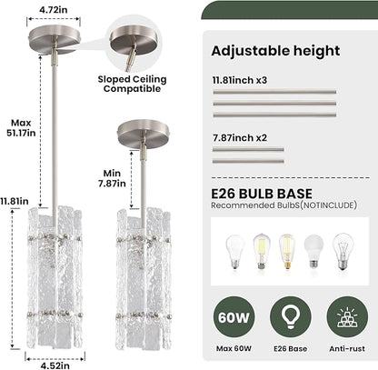 Brushed Nickel Glass Pendant Light for Kitchen Island, Luxury Mini Water Ripple Crystal Chandelier Fixture, Modern round Adjustable Hanging Pendant Lighting for Dining Room Bathroom Hallway (3-Pack)
