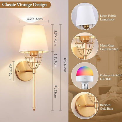 Battery Operated Wall Sconce Set of 2, Gold Rechargeable Wireless Wall Lights, with 5000mAh RGB Dimmable Bulbs and Remote, 15 Colors Wall Lamps Sconces Wall Decor for Bedroom Living Room Hallway