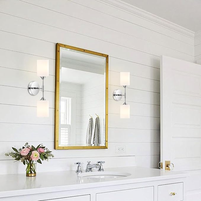 BYOLIIMA 2-Lights Modern Wall Sconce White Cylinder Glass Shades Mid Century Bathroom Vanity Wall Light Fixtures Industrial Wall Lamp for Bedroom Mirror Living Room Restaurant(Chrome Color)