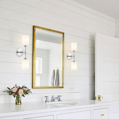 BYOLIIMA 2-Lights Modern Wall Sconce White Cylinder Glass Shades Mid Century Bathroom Vanity Wall Light Fixtures Industrial Wall Lamp for Bedroom Mirror Living Room Restaurant(Chrome Color)