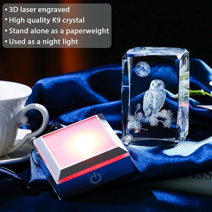 3D Laser Etched Crystal Owl Night Light - Color-Changing LED Base, K9 Crystal Paperweight & Home Decor Gift for Owl Lovers - 3.15inch