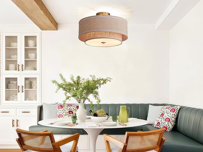 Shrine Lighting Double Drum Ceiling Light, Perfect Drum Light Fixture for Dining Room, D16'' x H7'', E12*3 Sockets, Beige Linen Fabric Lampshade & Gold Rod