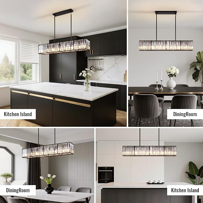 Siljoy Modern Crystal Chandelier for Dining Room, 7 Lights Black Large Rectangular Farmhouse Crystal Chandelier Industrial Rectangle Pendant Ceiling Light for Living Room Kitchen Island Bar L47''
