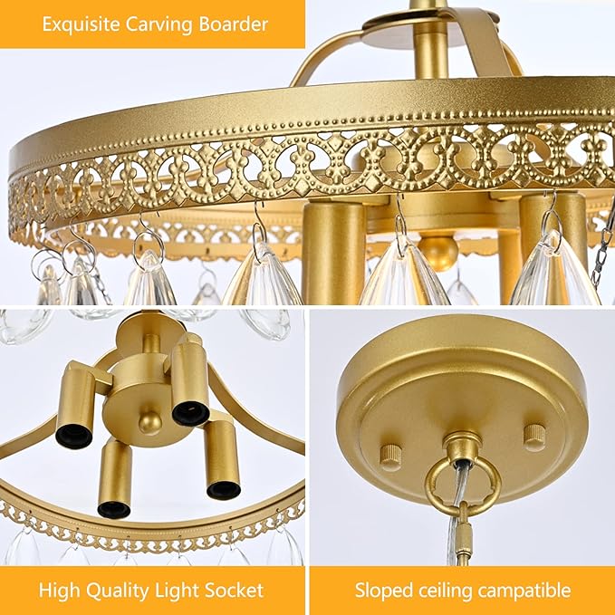 4 Light Chandeliers for Dining Room, K9 Crystal 5-Tier Vintage Gold Chandelier Light Fixture Pendant Lights Kitchen Island,Modern Chandeliers for Bedroom,Entryway
