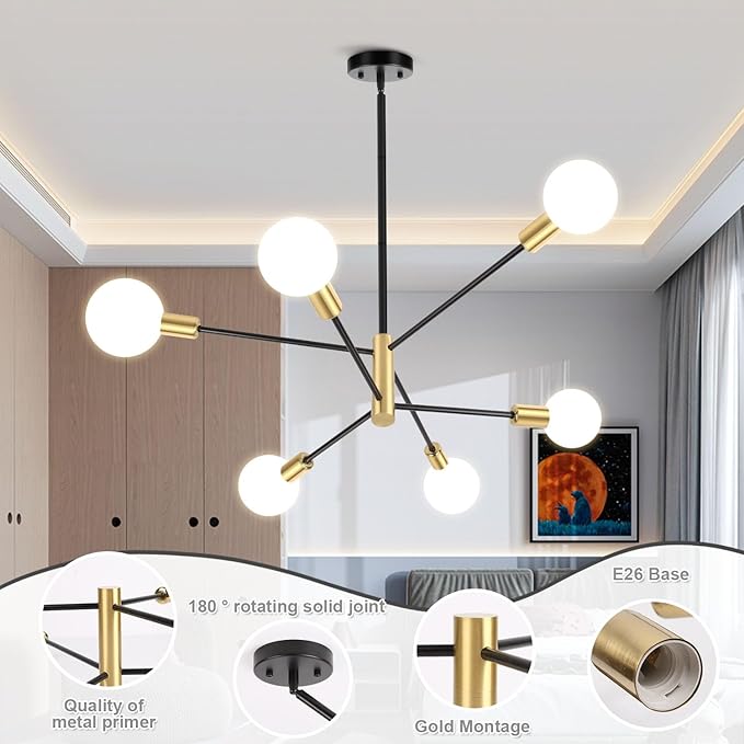 CANMEIJIA Modern Modern Sputnik Chandelier, Industrial Black Gold Ceiling Light Fixture,6-Light Pendant Light Fixture for Kitchen Island,Bedroom Dining Room Living Room