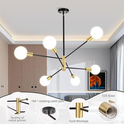 CANMEIJIA Modern Modern Sputnik Chandelier, Industrial Black Gold Ceiling Light Fixture,6-Light Pendant Light Fixture for Kitchen Island,Bedroom Dining Room Living Room