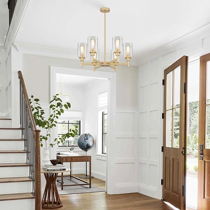 6 Light Gold Chandelier, Farmhouse Chandeliers for Dining Room Light Fixtures Over Table, Hanging Lighting Fixture with Clear Glass Shade for Kitchen Island Living Room Bedroom