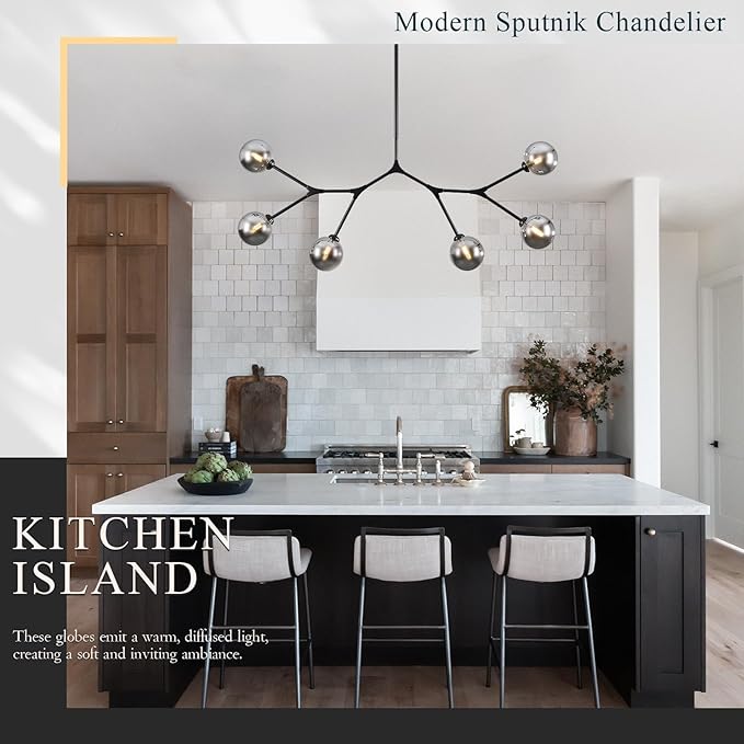 6 Lights Sputnik Chandelier for Dining Room L45’’ Black Modern Pendant Light Fixture with Black Clear Glass Shade Large Mid Century Chandeliers for Kitchen Island Living Room Foyer
