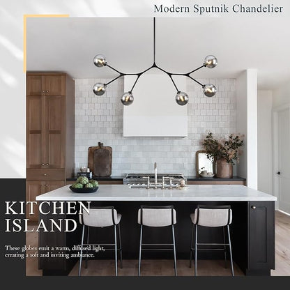 6 Lights Sputnik Chandelier for Dining Room L45’’ Black Modern Pendant Light Fixture with Black Clear Glass Shade Large Mid Century Chandeliers for Kitchen Island Living Room Foyer