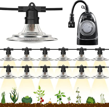 12-Light LED Grow Lights Plant Growing Lamps with Timer, Outdoor Waterproof String Grow Lights for Greenhouse, Full Spectrum Grow Light for Seeding Veg Flowers