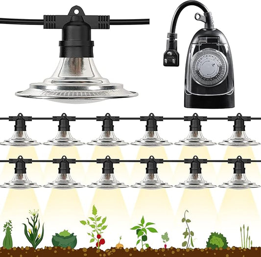 12-Light LED Grow Lights Plant Growing Lamps with Timer, Outdoor Waterproof String Grow Lights for Greenhouse, Full Spectrum Grow Light for Seeding Veg Flowers