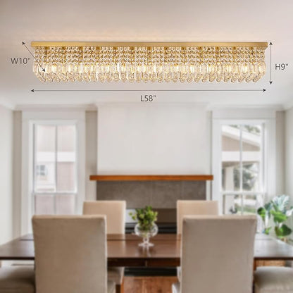 59-inch Modern Crystal Chandelier,13-Light K9 Crystal Rectangle Chandelier for Dining Room,Kitchen Island Adjustable Hanging Pendant Light Fixture,Gold Brass