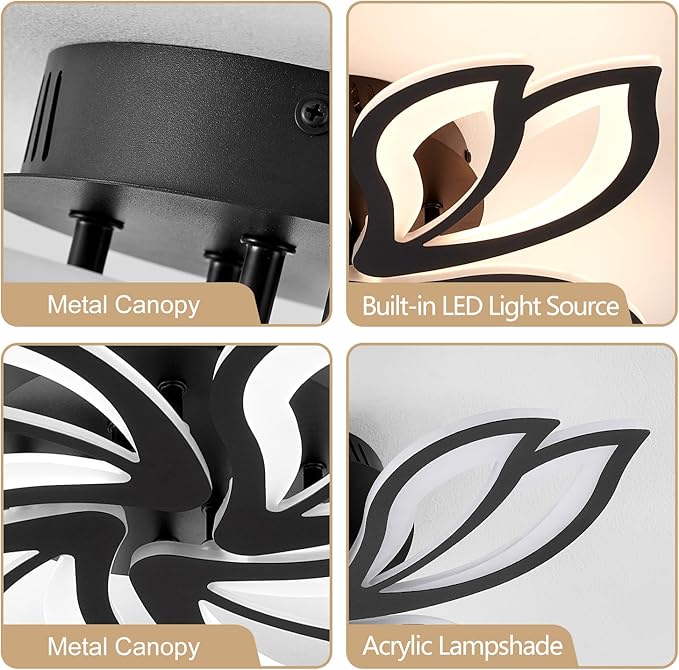 Modern Black Ceiling Light Fixture, 24" Flower Dimmable LED Light Fixtures, Low Profile Flush Mount Ceiling Light with Remote Control for Bedroom, Kitchen, Living Room