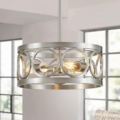 XINGQI 13” Chandelier Brushed Nickel 3-Light Rustic Ceiling Light Modern Adjustable Height Pendant Lighting Fixture Antique Drum Lamp for Living Room Bedroom Entryway Corridors