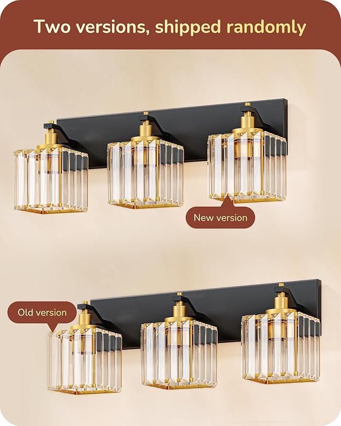 EDISHINE Modern Crystal Bathroom Vanity Light, 3-Lights Bathroom Light Fixtures Over Mirror, Black and Gold Vanity Light for Bathroom, Powder Room, Brass Wall Light Fixtures, E26 Base