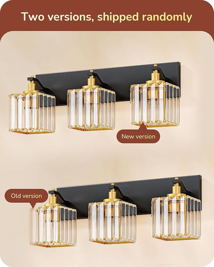 EDISHINE Modern Crystal Bathroom Vanity Light, 3-Lights Bathroom Light Fixtures Over Mirror, Black and Gold Vanity Light for Bathroom, Powder Room, Brass Wall Light Fixtures, E26 Base