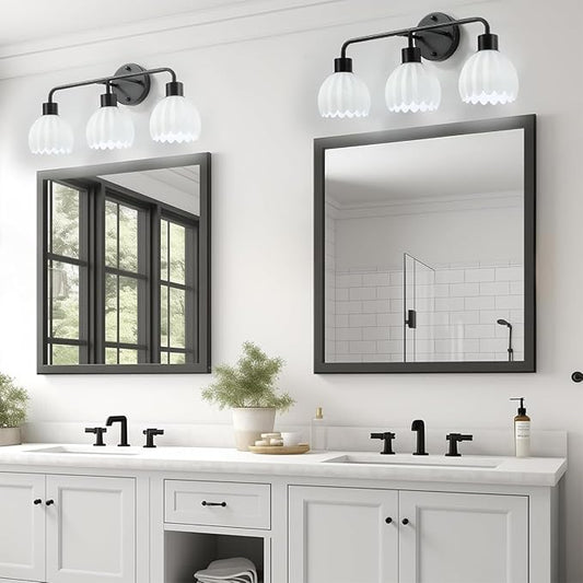 Black 3-Light Vanlity Light Over Mirror,Wall Sconces,Modern Bathroom Light Fixture with Milk White Glass Flower Shade,E26 Socket(Bulbs Not Included)