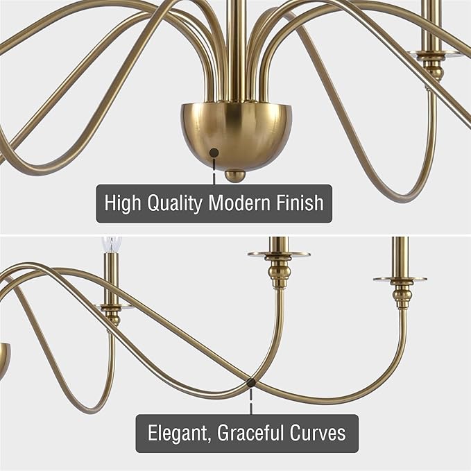Kira Home Archer 47" 6-Light Large Farmhouse Gold Chandelier, Modern Gold Ceiling Fixture with Elegant Curved Swoop Arms, Cool Brass Finish