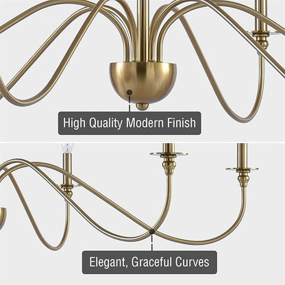 Kira Home Archer 47" 6-Light Large Farmhouse Gold Chandelier, Modern Gold Ceiling Fixture with Elegant Curved Swoop Arms, Cool Brass Finish
